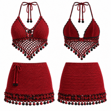 Red and Black Crochet Two-Piece Set with Halter Bralette Top and Mini Skirt