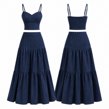 Navy and White Ribbed Two-Piece Set with Cropped Cami Top and Tiered Maxi Skirt