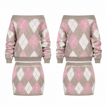Pink and White Argyle Knit Two-Piece Set with Off-the-Shoulder Sweater and Mini Skirt