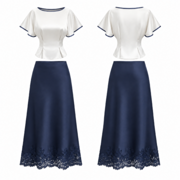 White and Navy Two-Piece Set with Flutter-Sleeve Cropped Top and Lace-Trim Midi Skirt